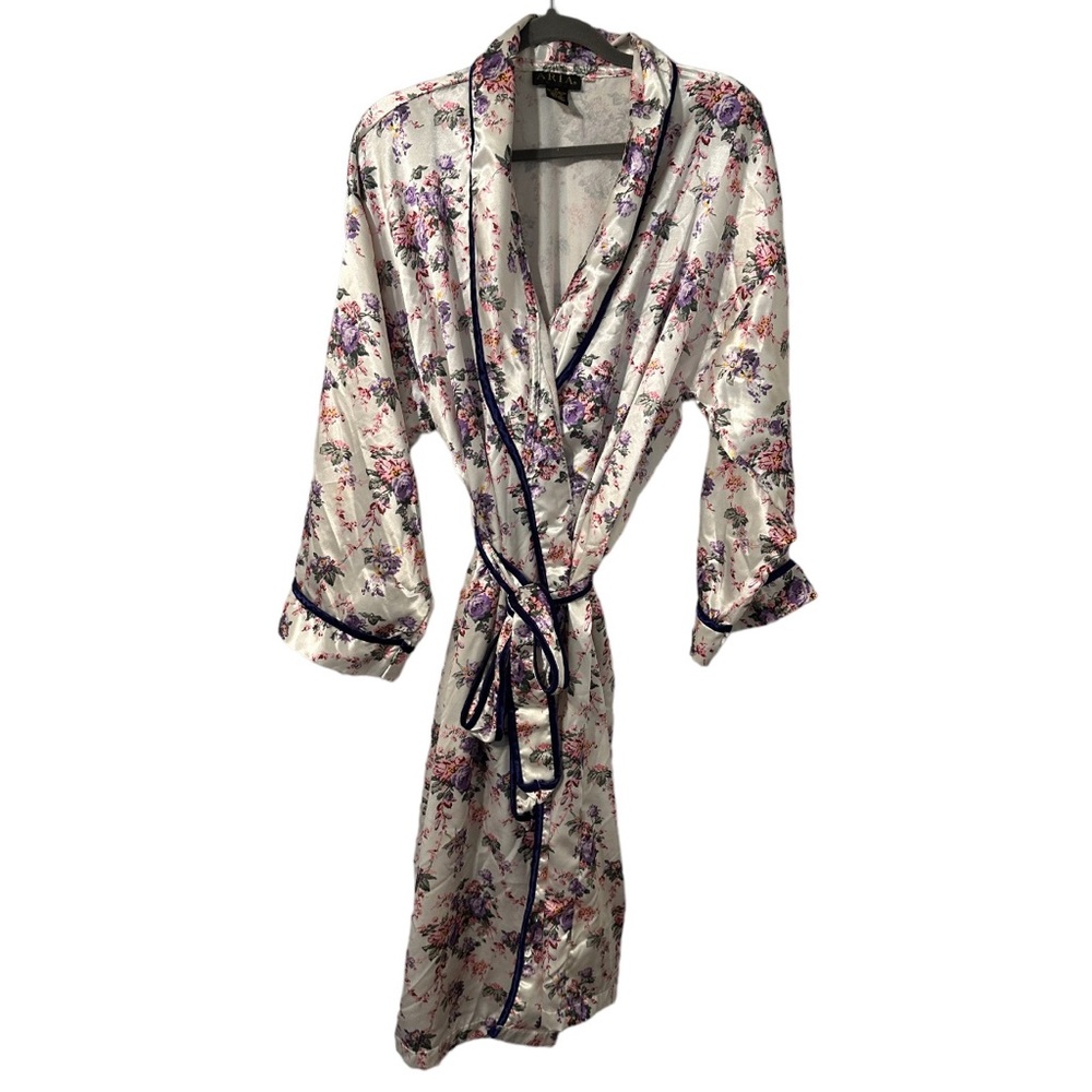 Vintage Aria Long Satin Flannel Backed Floral Kimono Robe Shiny Size M Lingerie